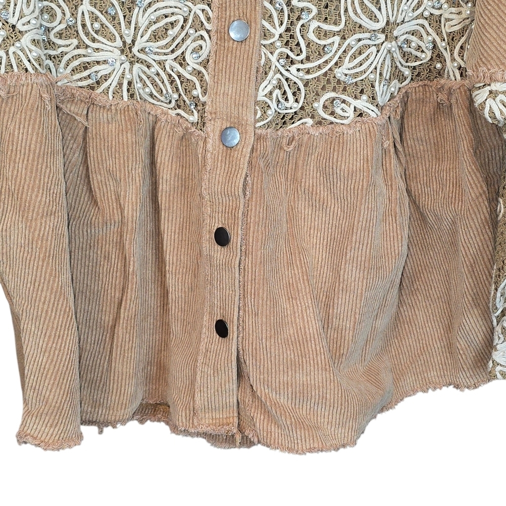 POL Tan Corduroy Button-Down Shirt with Cream Lace Detail - Picture 7 of 16